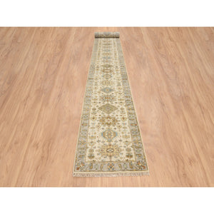 2'7"x20' Ivory and Gray, Hand Knotted Karajeh Design Tribal Medallions, Extra Soft Wool, XL Runner Oriental Rug FWR387780