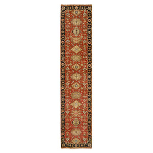 2'9"x12' Red and Black, Hand Knotted Karajeh Design with Tribal Medallions, Pure Wool, Runner Oriental Rug FWR387792