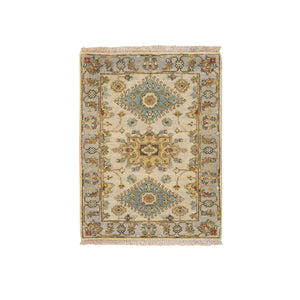 2'1"x3' Ivory and Gray, Pure Wool Hand Knotted, Karajeh Design with Tribal Medallions, Mat Oriental Rug FWR387804