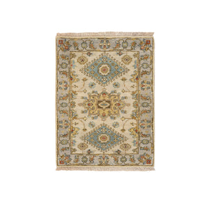 2'1"x3' Ivory and Gray, Karajeh Design with Tribal Medallions, Organic Wool Hand Knotted, Mat Oriental Rug FWR387822