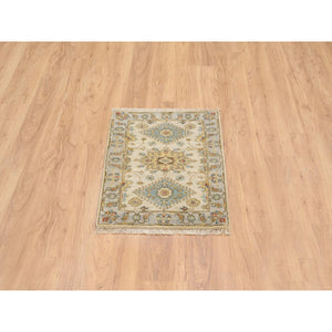 2'1"x3' Ivory and Gray, Karajeh Design with Tribal Medallions, Organic Wool Hand Knotted, Mat Oriental Rug FWR387822