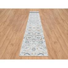 Load image into Gallery viewer, 2&#39;6&quot;x18&#39;1&quot; Ivory and Blue Silk with Textured Wool Hand Knotted, Sickle Leaf Design Soft Pile, XL Runner Oriental Rug FWR387912