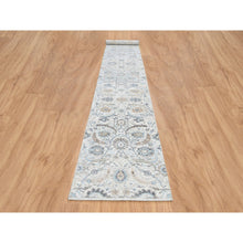 Load image into Gallery viewer, 2&#39;6&quot;x18&#39;1&quot; Ivory and Blue Silk with Textured Wool Hand Knotted, Sickle Leaf Design Soft Pile, XL Runner Oriental Rug FWR387912