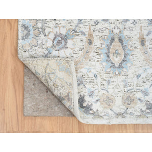 2'6"x18'1" Ivory and Blue Silk with Textured Wool Hand Knotted, Sickle Leaf Design Soft Pile, XL Runner Oriental Rug FWR387912