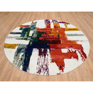7'10"x7'10" Colorful, Hand Knotted, Modern Abstract Motifs Painter's Brush Strokes, Wool and Sari Silk, Round Oriental Rug FWR387978