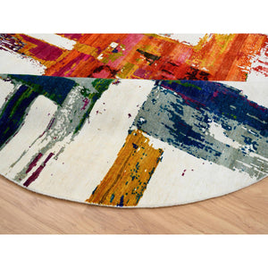 8'9"x8'9" Colorful, Wool and Sari Silk, Hand Knotted, Modern Abstract Motifs Painter's Brush Strokes, Round Oriental Rug FWR387990