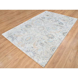 6'x9'2" Ivory and Blue, Soft Pile Silk with Textured Wool, Hand Knotted Sickle Leaf Design, Oriental Rug FWR388002