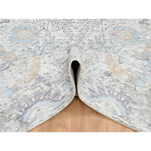6'x9'2" Ivory and Blue, Soft Pile Silk with Textured Wool, Hand Knotted Sickle Leaf Design, Oriental Rug FWR388002
