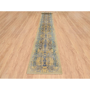 2'6"x18' Gold Brown, Hand Knotted, Transitional Sarouk, Silk with Textured Wool, XL Runner Oriental Rug FWR388062