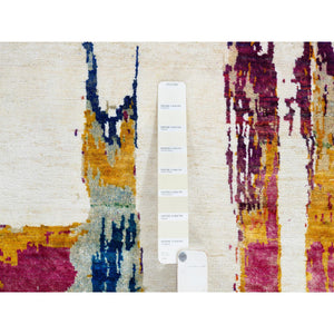 3'x5' Colorful, Modern Abstract Motifs Painter's Brush Strokes, Wool and Sari Silk, Hand Knotted, Oriental Rug FWR388080