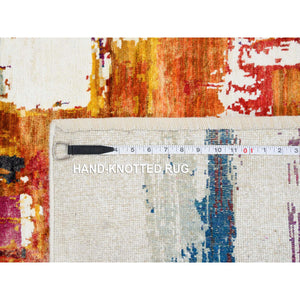 3'x5' Colorful, Modern Abstract Motifs Painter's Brush Strokes, Wool and Sari Silk, Hand Knotted, Oriental Rug FWR388080