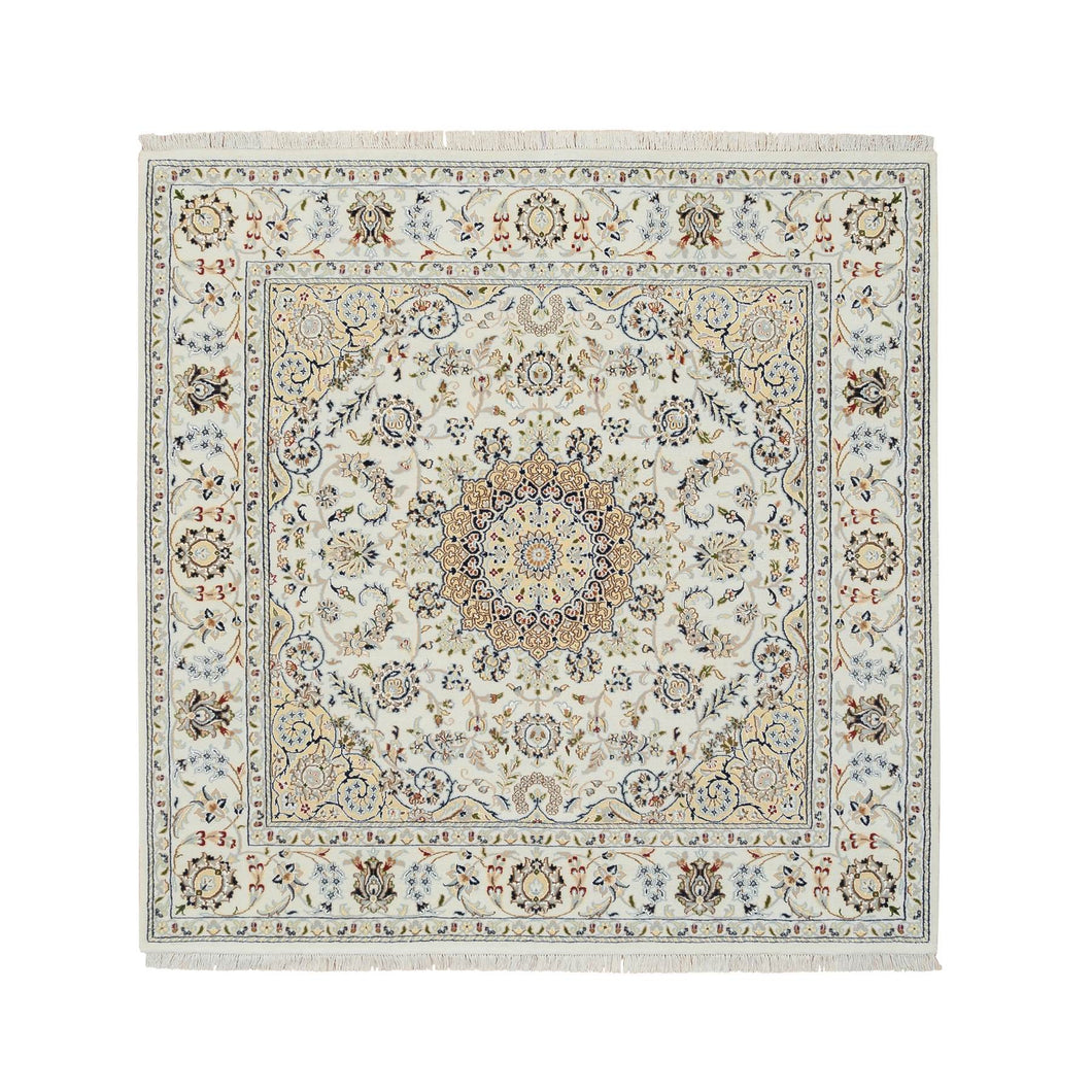 6'x6' Ivory, Wool Hand Knotted, Nain with Center Medallion Flower Design, 250 KPSI, Square Oriental Rug FWR388338