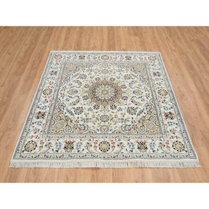 6'x6' Ivory, Wool Hand Knotted, Nain with Center Medallion Flower Design, 250 KPSI, Square Oriental Rug FWR388338