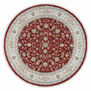 9'1"x9'1" Cherry Red, Hand Knotted Nain with All Over Flower Design, 250 KPSI Wool, Round Oriental Rug FWR388368