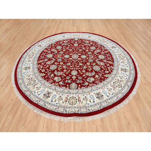 9'1"x9'1" Cherry Red, Hand Knotted Nain with All Over Flower Design, 250 KPSI Wool, Round Oriental Rug FWR388368