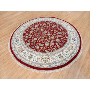 9'1"x9'1" Cherry Red, Hand Knotted Nain with All Over Flower Design, 250 KPSI Wool, Round Oriental Rug FWR388368