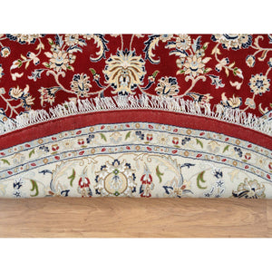 9'1"x9'1" Cherry Red, Hand Knotted Nain with All Over Flower Design, 250 KPSI Wool, Round Oriental Rug FWR388368