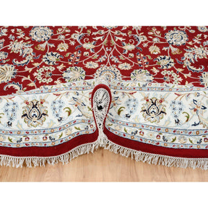 9'1"x9'1" Cherry Red, Hand Knotted Nain with All Over Flower Design, 250 KPSI Wool, Round Oriental Rug FWR388368