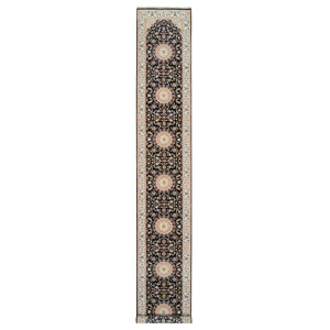 2'7"x16'4" Midnight Blue, Hand Knotted, Nain with Flower Medallion Design, 250 KPSI, Wool, Oriental XL Runner Rug FWR388428