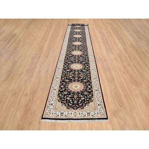2'7"x16'4" Midnight Blue, Hand Knotted, Nain with Flower Medallion Design, 250 KPSI, Wool, Oriental XL Runner Rug FWR388428