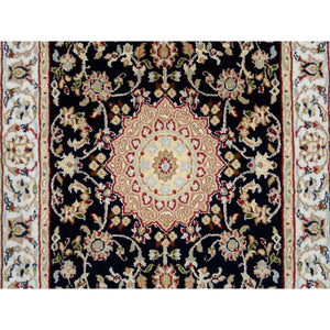 2'7"x16'4" Midnight Blue, Hand Knotted, Nain with Flower Medallion Design, 250 KPSI, Wool, Oriental XL Runner Rug FWR388428