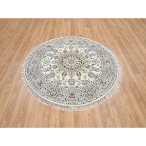6'x6' Ivory, Nain with Center Medallion Flower Design, 250 KPSI, Wool, Hand Knotted, Round Oriental Rug FWR388476
