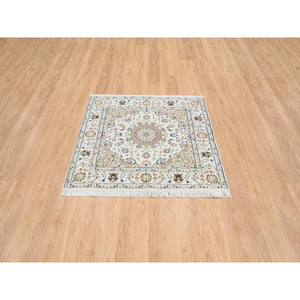 4'x4' Ivory, Nain with Center Medallion Flower Design, 250 KPSI, Wool, Hand Knotted, Square, Oriental Rug FWR388500