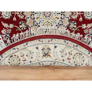 4'x4' Cherry Red, Pure Wool Hand Knotted, Nain with Center Medallion Flower Design 250 KPSI, Round Oriental Rug FWR388512