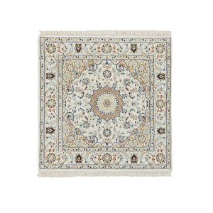 3'1"x3'1" Ivory, 250 KPSI, Nain with Center Medallion Flower Design, Wool, Hand Knotted, Square Oriental Rug FWR388548