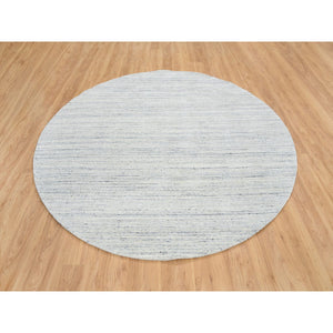 7'10"x7'10" Ivory, Soft Pile Pure Wool Hand Loomed, Plain Modern Striae Design, Round Oriental Rug FWR388632