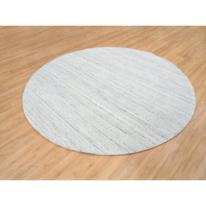 7'10"x7'10" Ivory, Soft Pile Pure Wool Hand Loomed, Plain Modern Striae Design, Round Oriental Rug FWR388632