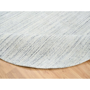 7'10"x7'10" Ivory, Soft Pile Pure Wool Hand Loomed, Plain Modern Striae Design, Round Oriental Rug FWR388632