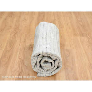 7'10"x7'10" Ivory, Soft Pile Pure Wool Hand Loomed, Plain Modern Striae Design, Round Oriental Rug FWR388632