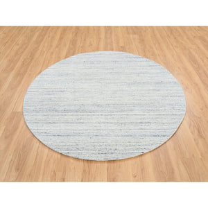 6'x6' Ivory, Pure Wool Hand Loomed, Plain Modern Striped Design Soft Pile, Round Oriental Rug FWR388662