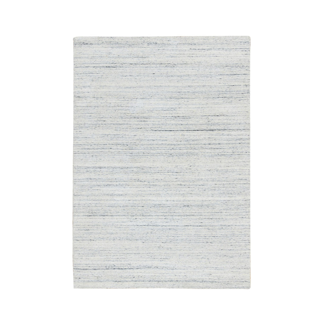 5'x7' Ivory, Hand Loomed Plain Modern Striae Design, Soft Pile Extra Soft Wool, Oriental Rug FWR388674
