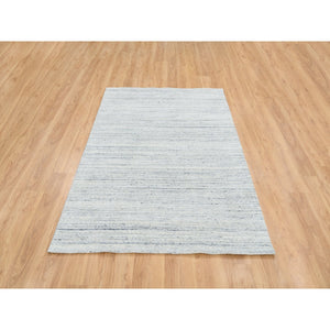 5'x7' Ivory, Hand Loomed Plain Modern Striae Design, Soft Pile Extra Soft Wool, Oriental Rug FWR388674