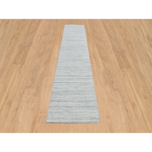 2'6"x12' Ivory, Plain Modern Striae Design Soft Pile, Organic Wool Hand Loomed, Runner Oriental Rug FWR388680
