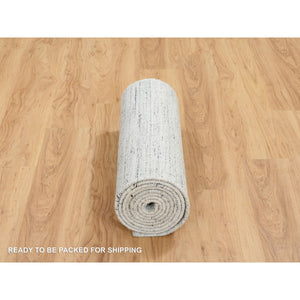 2'6"x12' Ivory, Plain Modern Striae Design Soft Pile, Organic Wool Hand Loomed, Runner Oriental Rug FWR388680
