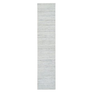 2'6"x11'10" Ivory, Hand Loomed Plain Modern Striae Design, Soft Pile Natural Wool, Runner Oriental Rug FWR388686
