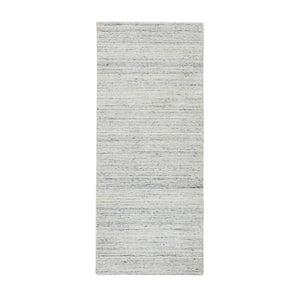 2'6"x6' Ivory, Hand Loomed Plain Modern Striped Design, Soft Pile Natural Wool, Runner Oriental Rug FWR388716