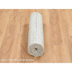 2'6"x7'10" Beige, Hand Loomed, Variegated Textured Modern Design Natural Wool, Runner Oriental Rug FWR388956
