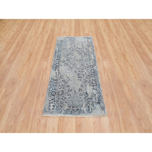 2'6"x6' Light Gray, Hand Knotted Broken Kashan Design, Pure Silk with Wool, Runner Oriental Rug FWR388968