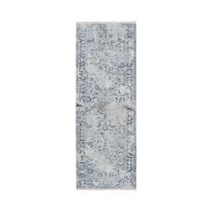 2'9"x7'8" Light Gray, Pure Silk with Wool Hand Knotted, Broken Kashan Design, Runner Oriental Rug FWR388974