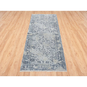 2'9"x7'8" Light Gray, Pure Silk with Wool Hand Knotted, Broken Kashan Design, Runner Oriental Rug FWR388974