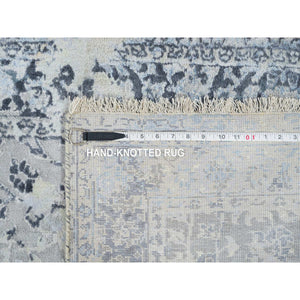2'9"x7'8" Light Gray, Pure Silk with Wool Hand Knotted, Broken Kashan Design, Runner Oriental Rug FWR388974