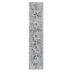 2'7"x12' Silver Gray, Hand Knotted, Erased Persian Design, Wool and Silk, Runner Oriental Rug FWR389004