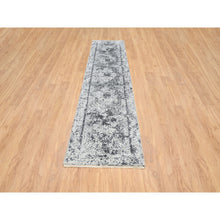 Load image into Gallery viewer, 2&#39;7&quot;x12&#39; Silver Gray, Hand Knotted, Erased Persian Design, Wool and Silk, Runner Oriental Rug FWR389004