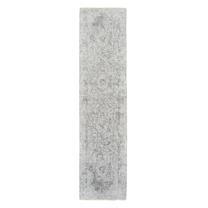 2'6"x12'1" Gray, Wool and Pure Silk, Hand Knotted, Broken Persian Design, Runner Oriental Rug FWR389070