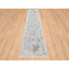 Load image into Gallery viewer, 2&#39;6&quot;x12&#39;1&quot; Gray, Wool and Pure Silk, Hand Knotted, Broken Persian Design, Runner Oriental Rug FWR389070