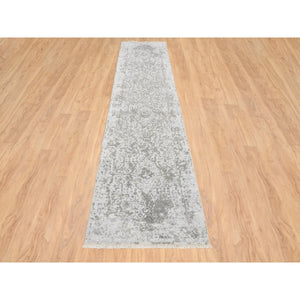 2'6"x12'1" Gray, Wool and Pure Silk, Hand Knotted, Broken Persian Design, Runner Oriental Rug FWR389070